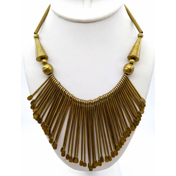 Vintage Dramatic Statement Necklace, Tribal Brass Paddle Fringe Bib with Hook - Picture 1 of 4